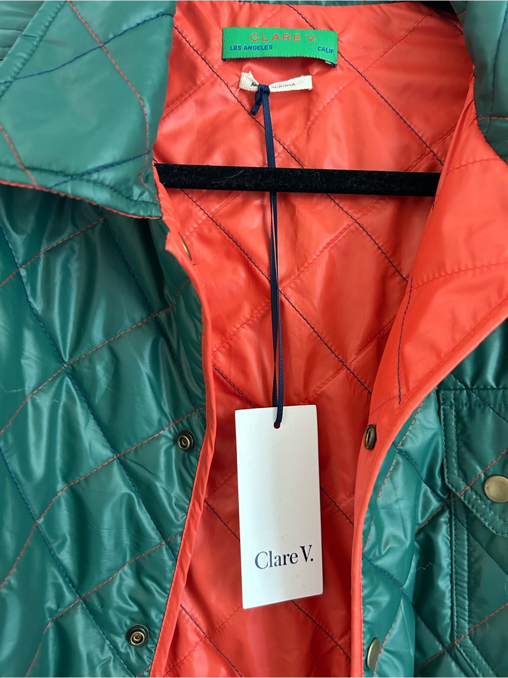 Clare V Quilted Green and Orange Reversible Puffer Jacket - Picture 7 of 8